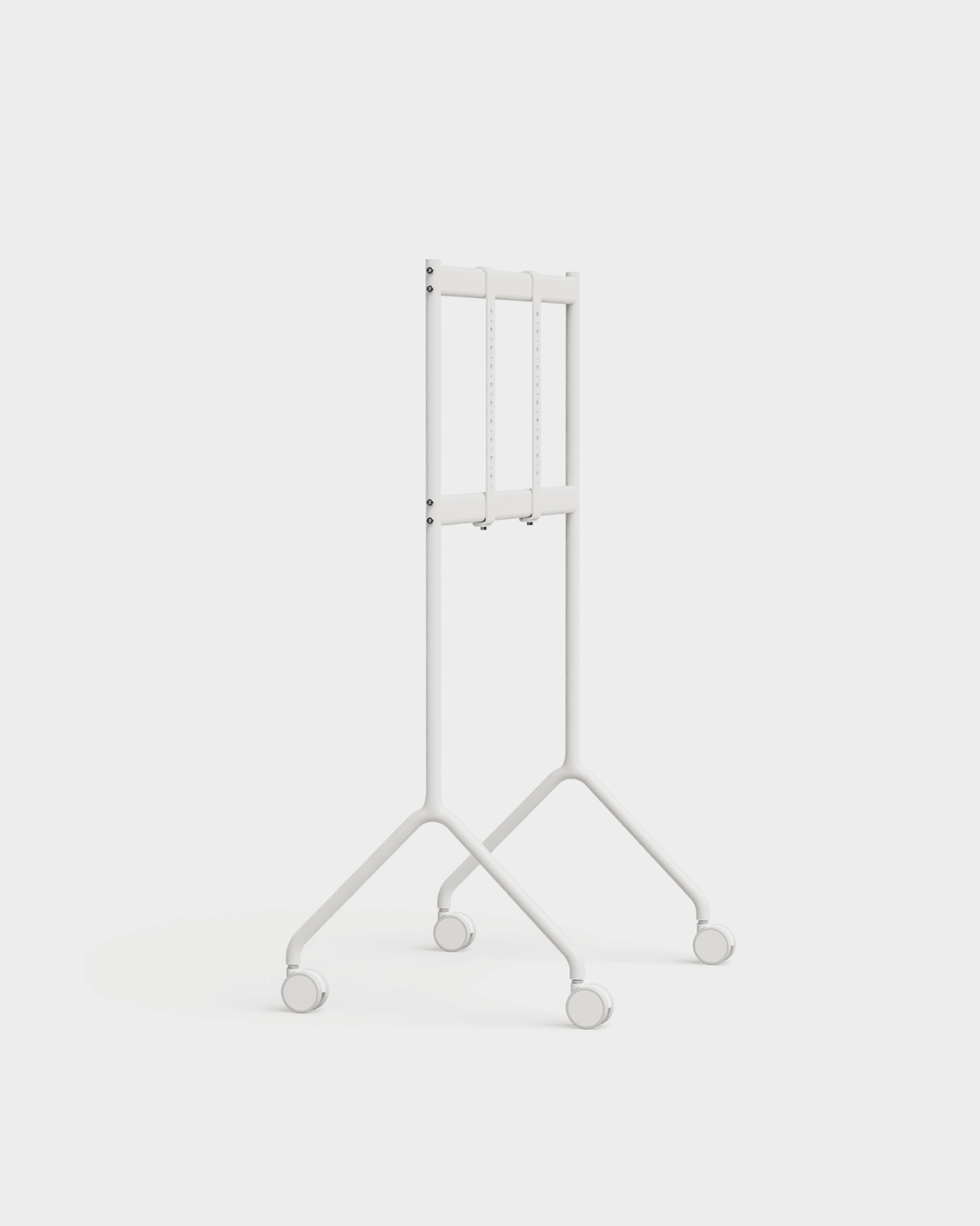 Moon Light TV stand in Pearl shown at an angle in a studio packshot with mounted flat screen and rolling caster legs
