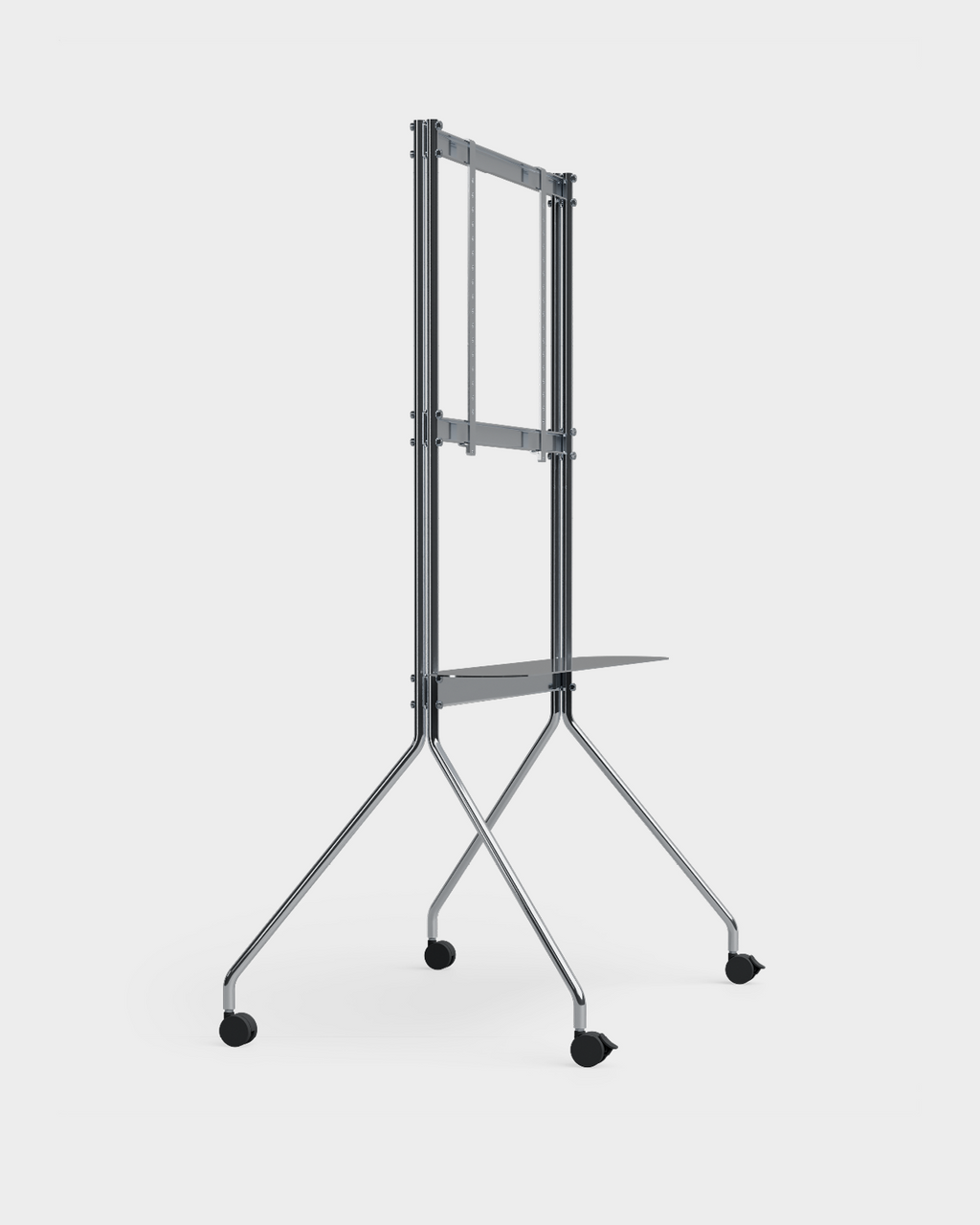 Moon PRO TV stand in Chrome holding a large flat-screen TV, studio shot showing slim legs, shelf and casters