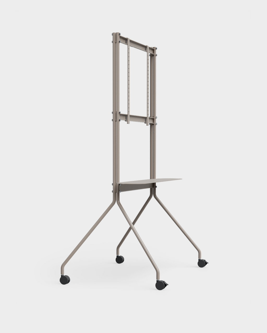 Moon PRO TV stand in Oat holding a large flat-screen TV, angled studio view showing shelf, tripod legs and casters