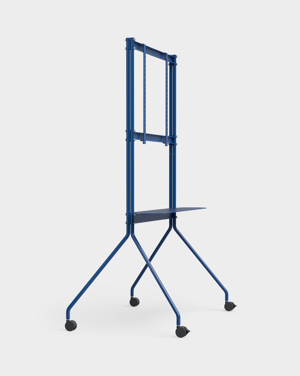 Moon PRO TV stand in Ultra Marine holding a large flat-screen TV, angled studio view showing shelf and locking casters