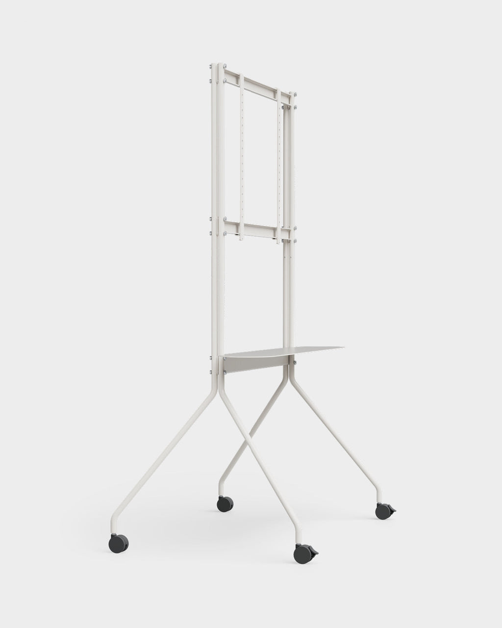 Moon PRO TV stand in Pearl holding a large flat-screen TV, angled studio packshot showing shelf and locking casters