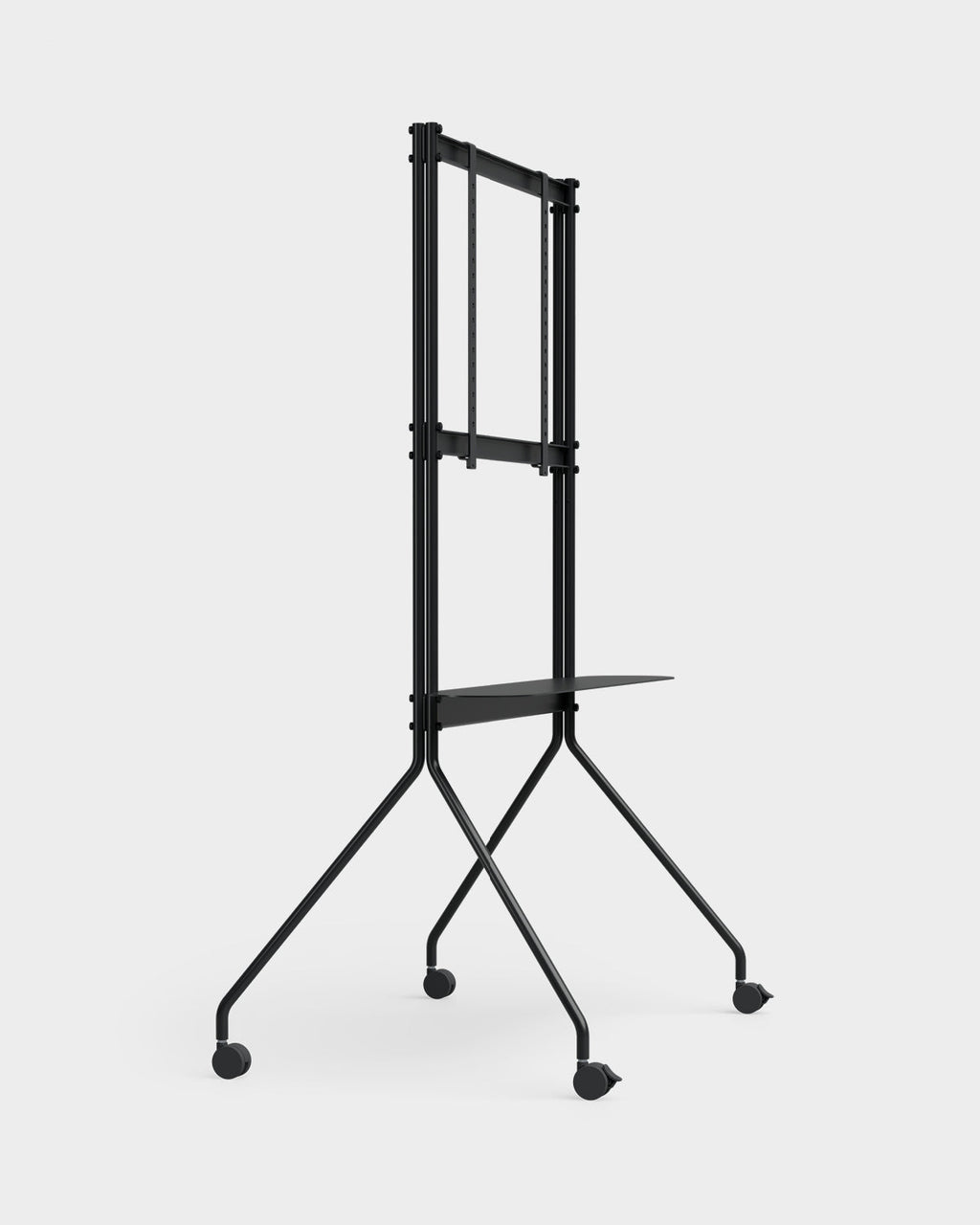 Moon PRO TV stand in Charcoal holding a large flat-screen TV, angled studio packshot with shelf and locking casters