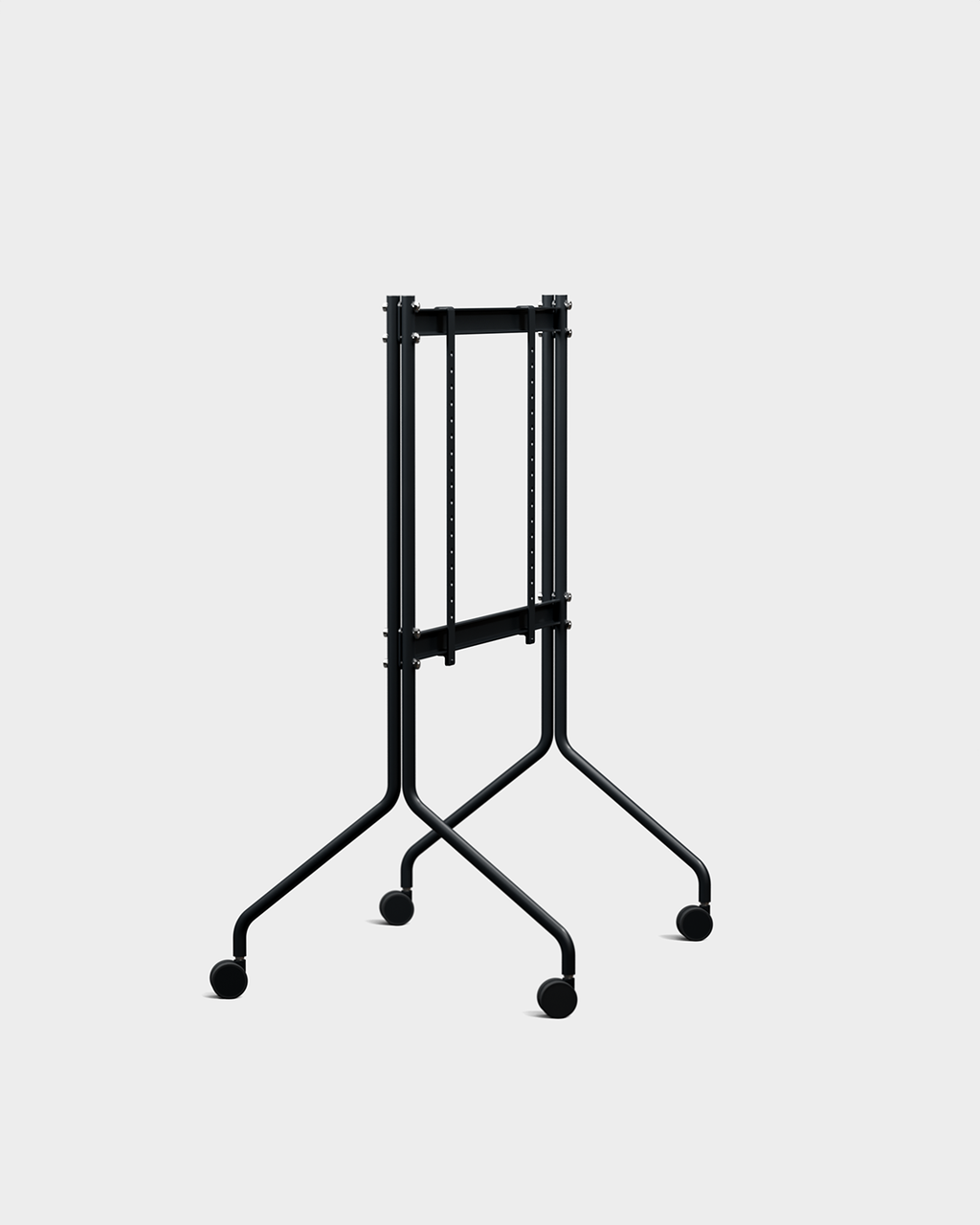 Moon in Charcoal mobile stand with wheels, angled studio view of black display panel on splayed rolling legs