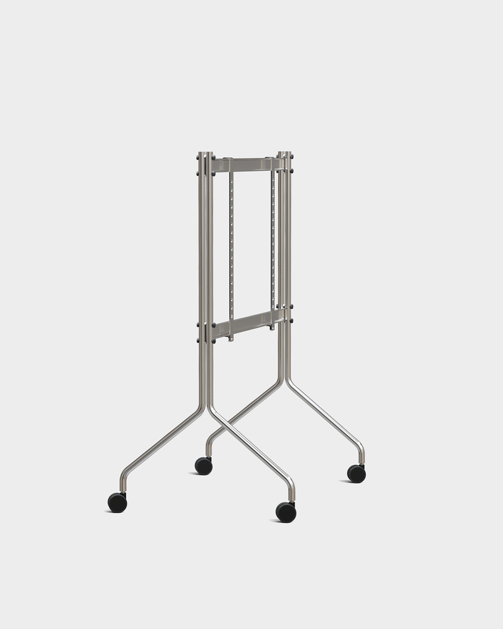 Moon TV stand in Chrome holding a large flat-screen TV, angled studio view showing splayed legs and black wheels