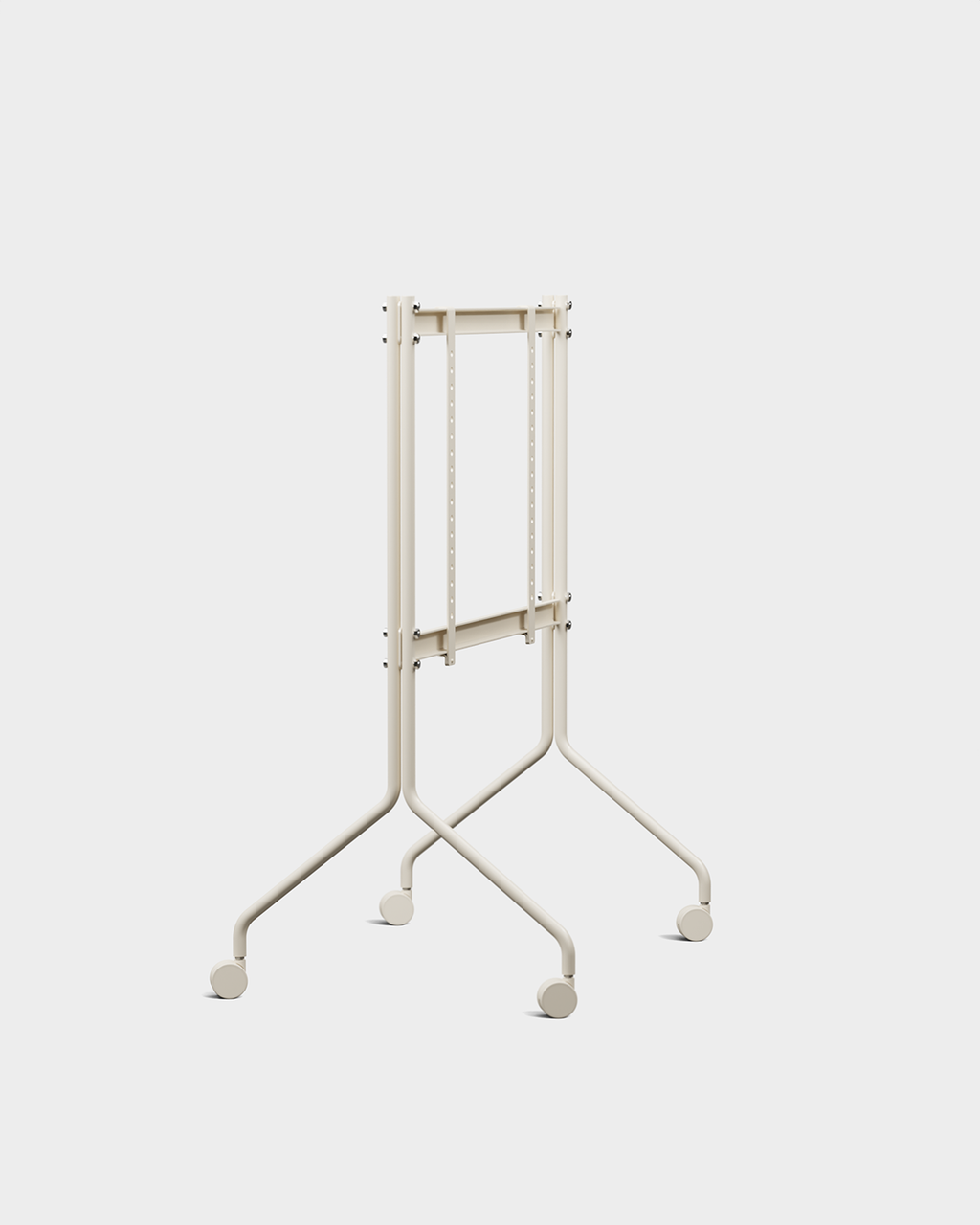 Moon in Pearl rolling TV stand holding a large flat-screen display, angled studio packshot showing splayed legs and casters