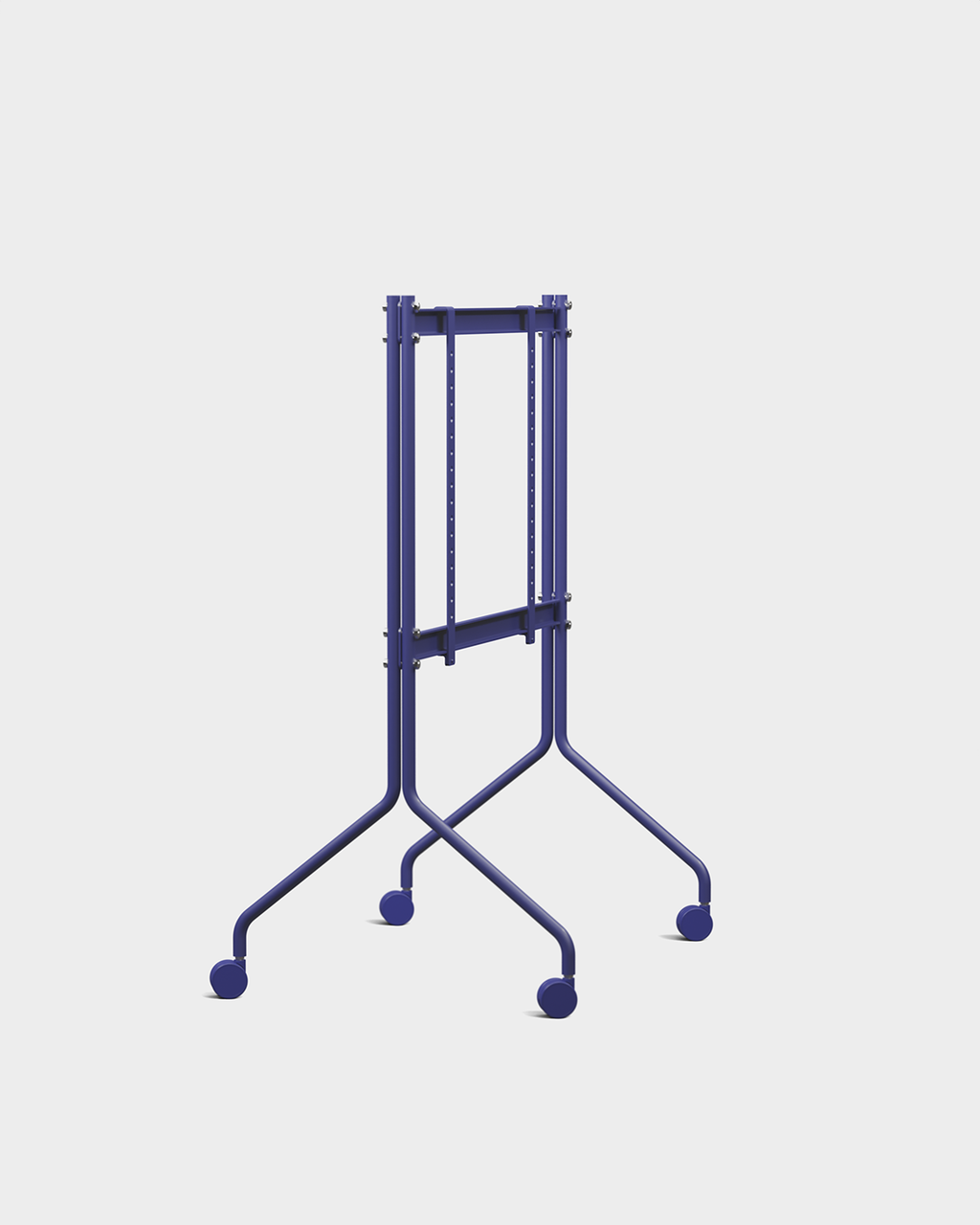 Moon TV stand in Ultra Marine holding a large flat-screen TV, angled studio view showing splayed legs and casters