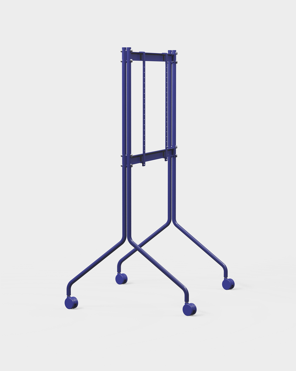 Moon Tall stand in Ultra Marine holding a flat-screen TV, angled studio view showing splayed legs and locking wheels