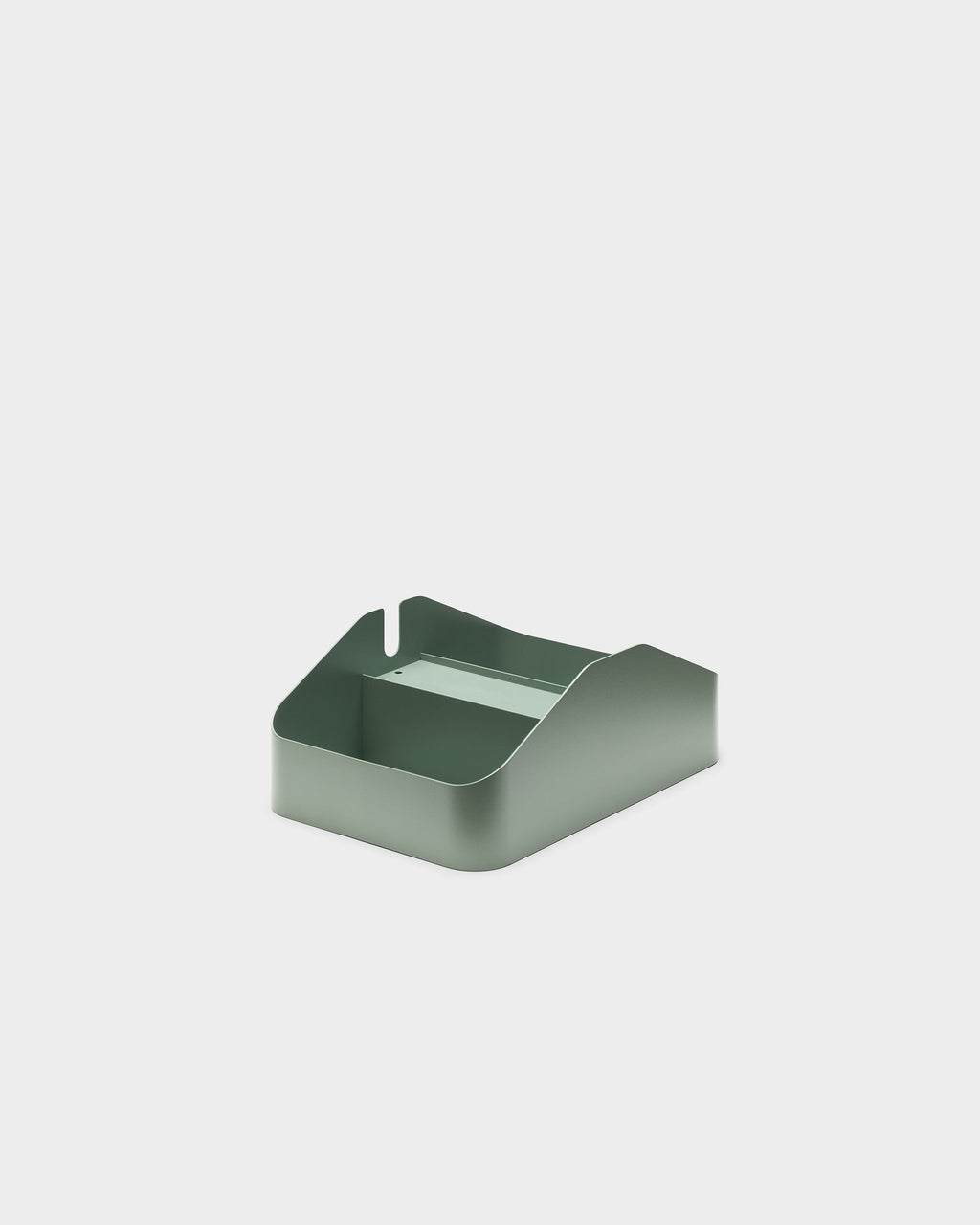 Mossy Green Power Bar Tray Double, angled studio packshot showing open steel tray with cable notch and mounting slot