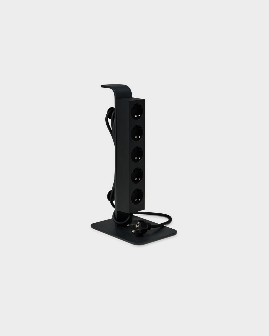 Charcoal Power Tower standing on its square base, angled studio view showing five sockets and coiled cord with plug