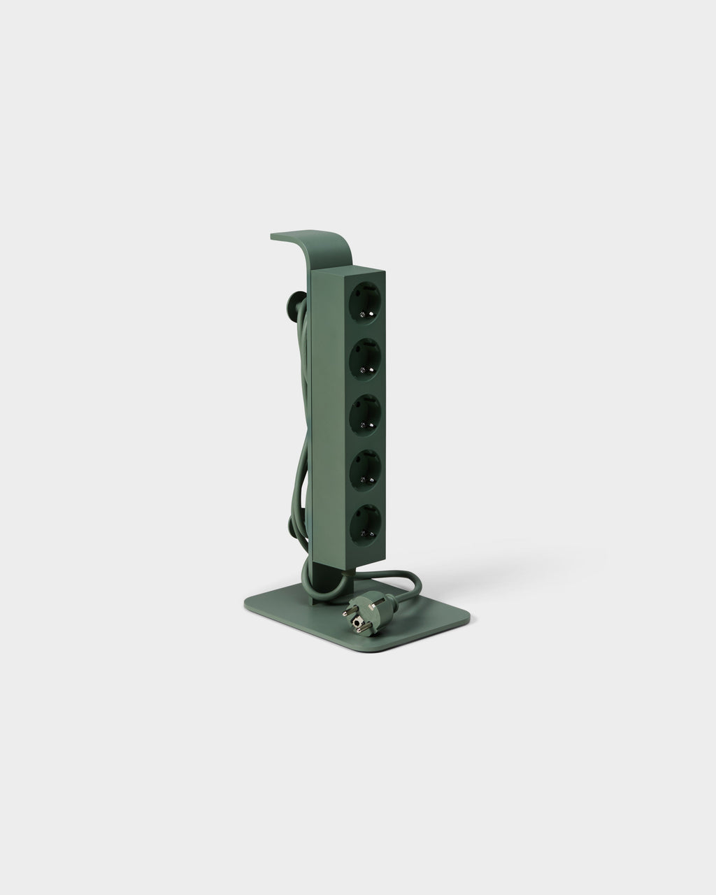 Angled studio packshot of the Mossy Green Power Tower on its flat base, five sockets and wrapped cord with plug visible