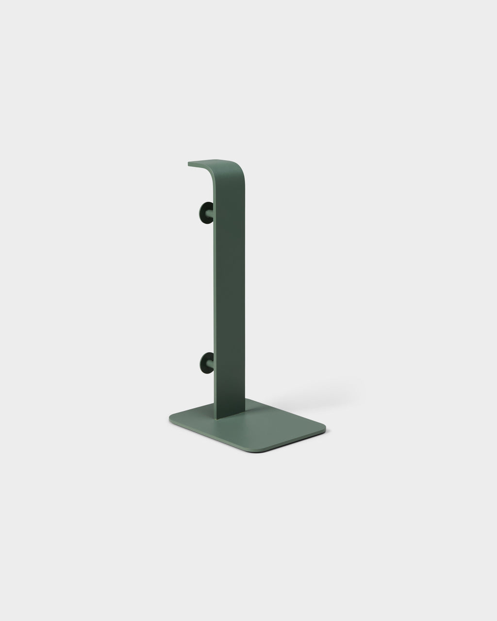 Side profile studio packshot of the Power Tower in Mossy Green, showing curved top, mounting posts and flat weighted base