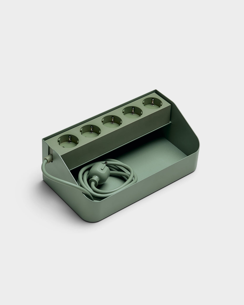 Power Beam Tray in Mossy Green shown at an angle with five sockets and coiled cord stored in the open tray