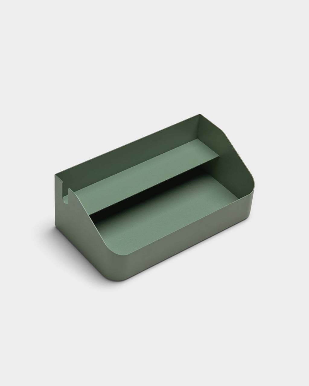 Mossy Green Power Beam Tray shown at a three-quarter overhead angle in a studio packshot, revealing its inner cable ledge