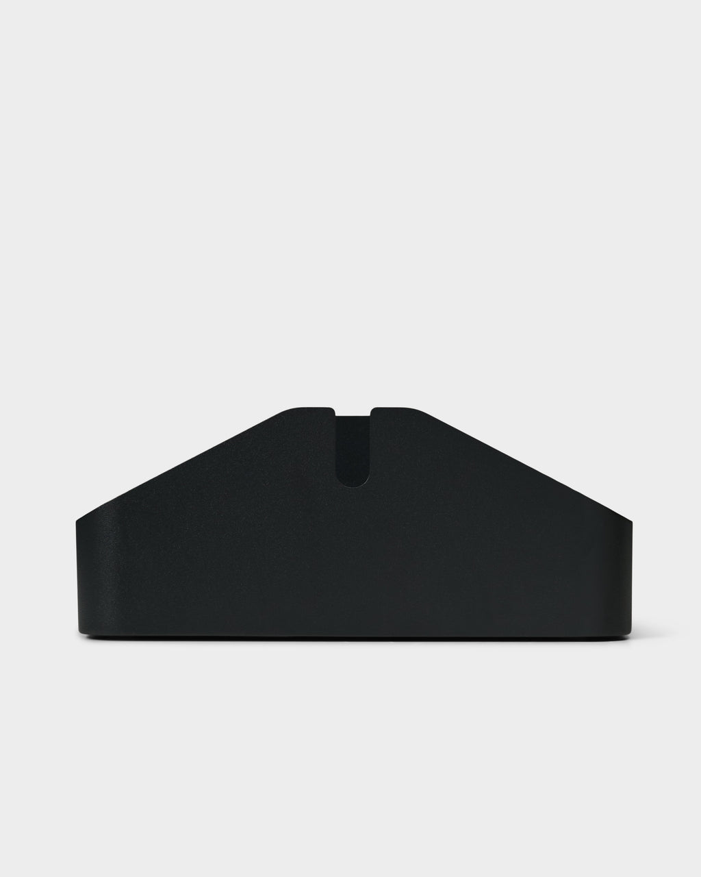 Front view studio packshot of the charcoal Power Beam Tray Double showing its angled profile and central cable notch