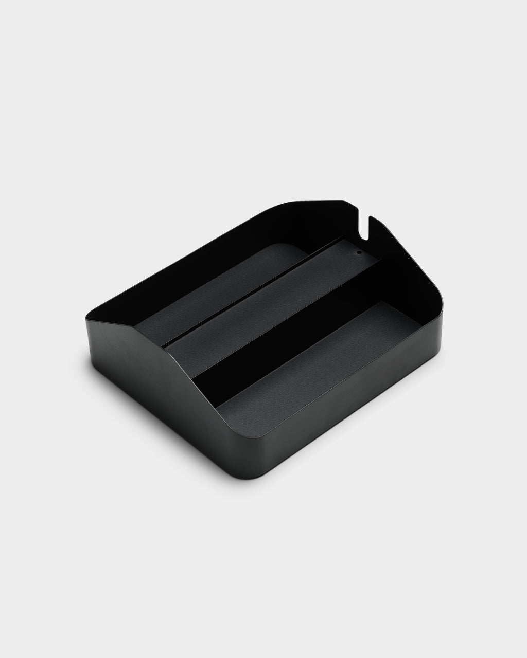 Charcoal Power Beam Tray Double shown at an angle in a studio packshot, revealing dual cable channels and cord notch