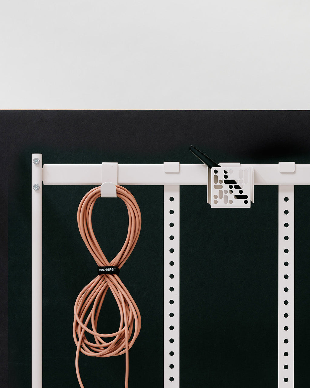 Dusty Rose Remote Box Mount on a white wall rail system, holding coiled rose cable against a dark studio backdrop