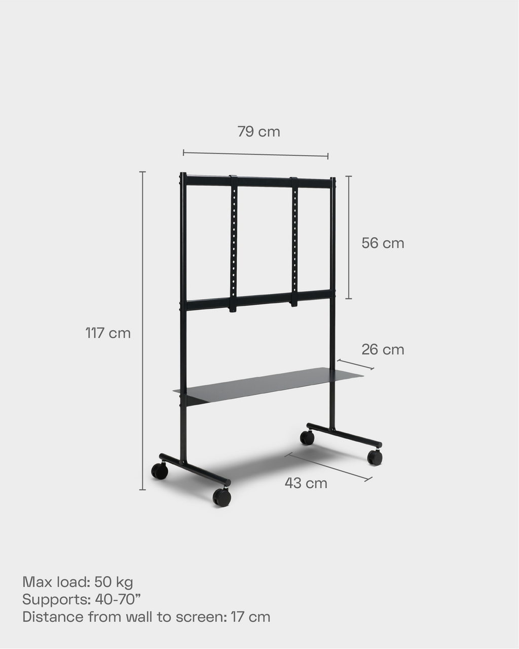 Dimension diagram of the Rover stand in Mossy Green, showing 117 cm height, 79 cm width, shelf and wheeled base