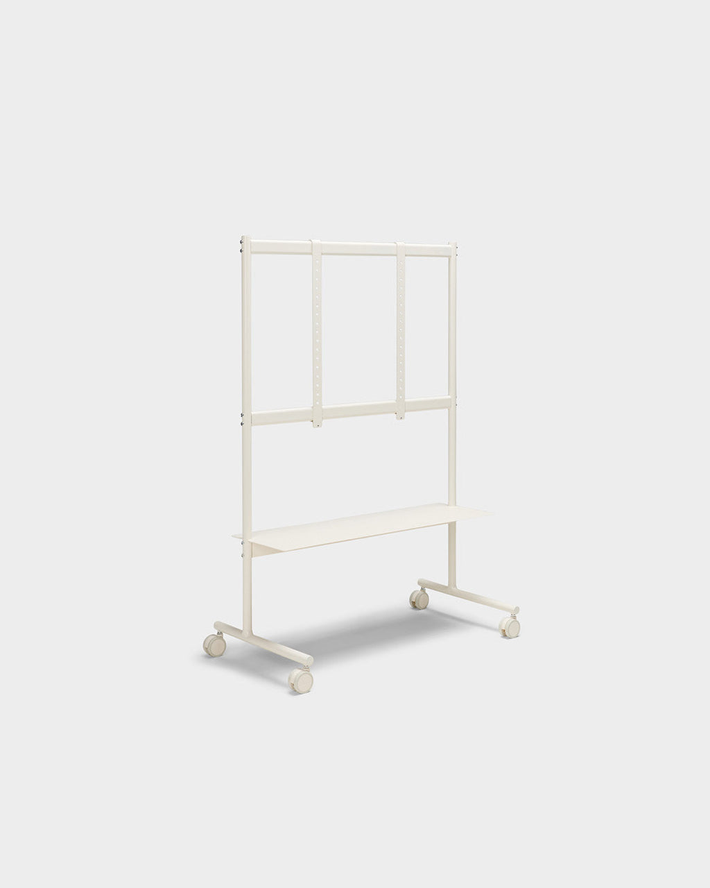 Rover mobile stand in Pearl shown at an angle in a studio packshot, with shelf, mounting rails and locking wheels