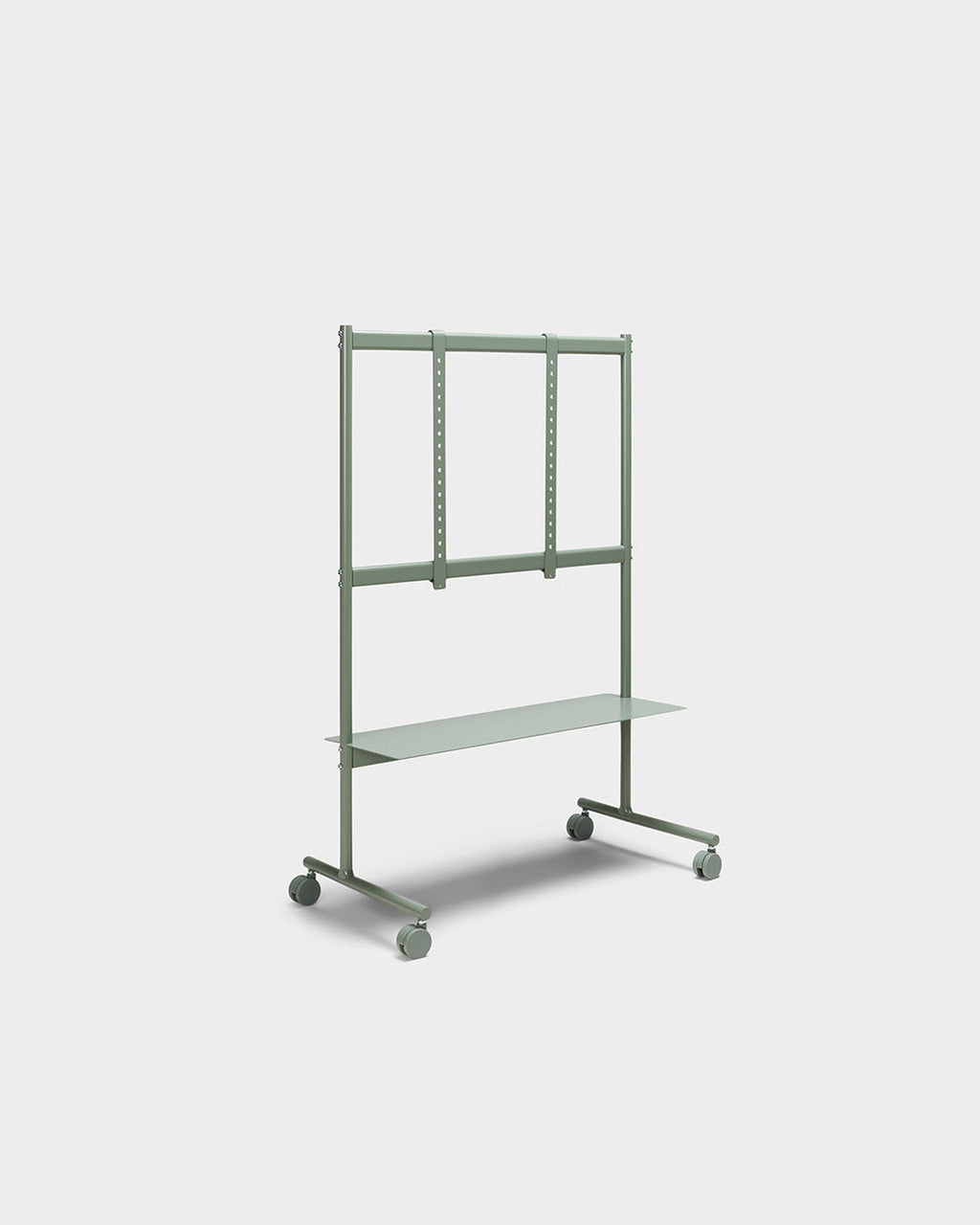 Rover mobile TV stand in Mossy Green, angled studio view showing shelf, adjustable mount rails and locking casters