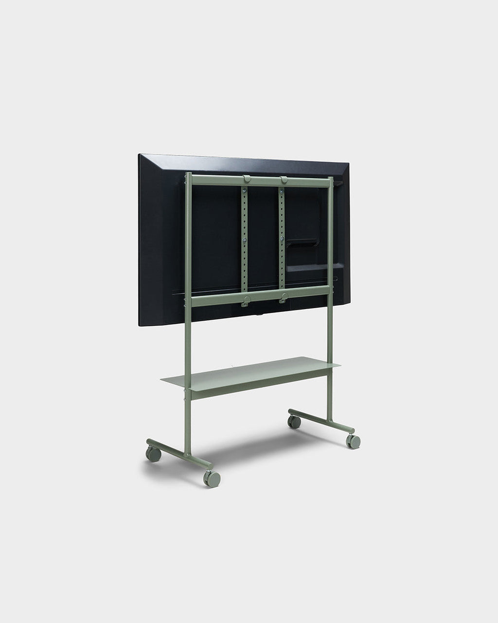 Rear three-quarter view of the Rover mobile TV stand in Mossy Green with mounted flat screen, shelf and wheels