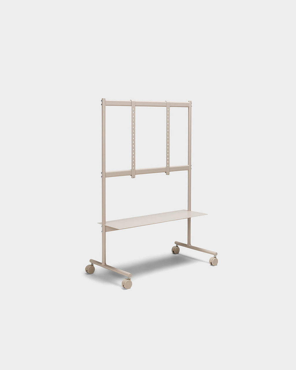 Rover mobile TV stand in Oat shown at an angle in a studio packshot, with shelf, mounting rails and locking casters