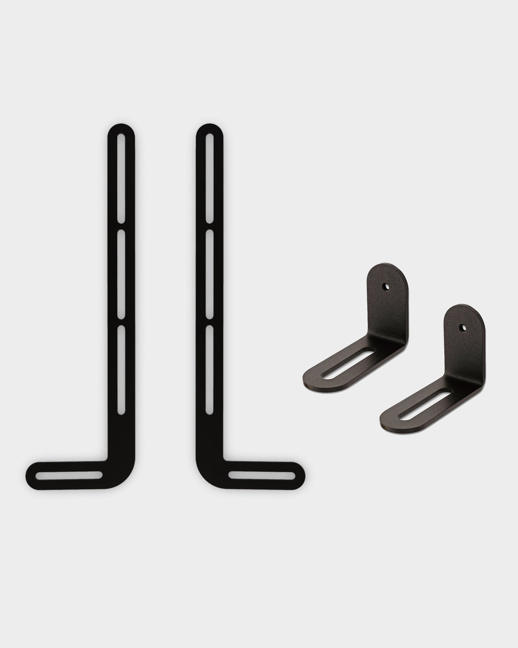 Charcoal Soundbar Bracket Set studio packshot with two slotted L-arms and two short angled mounts on white