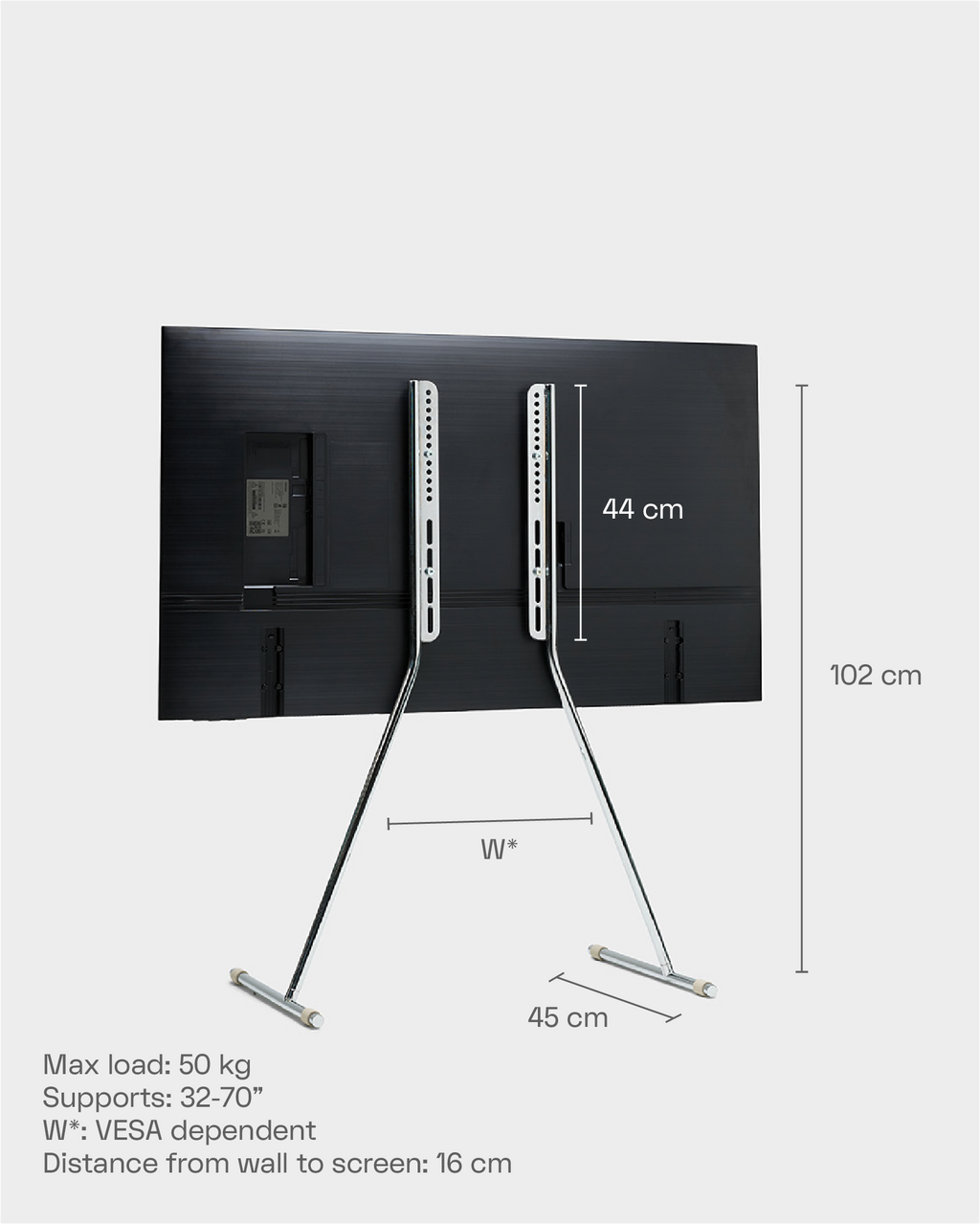 Viva TV stand in Mossy Green shown from behind with mounted TV and labeled dimensions: 102 cm tall, 45 cm deep