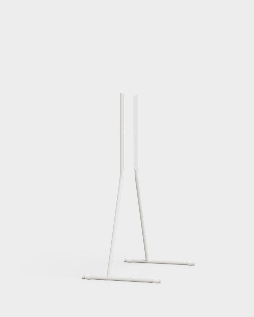 Viva TV stand in Pearl holding a large flat-screen TV, angled studio packshot showing slim splayed legs and wheels