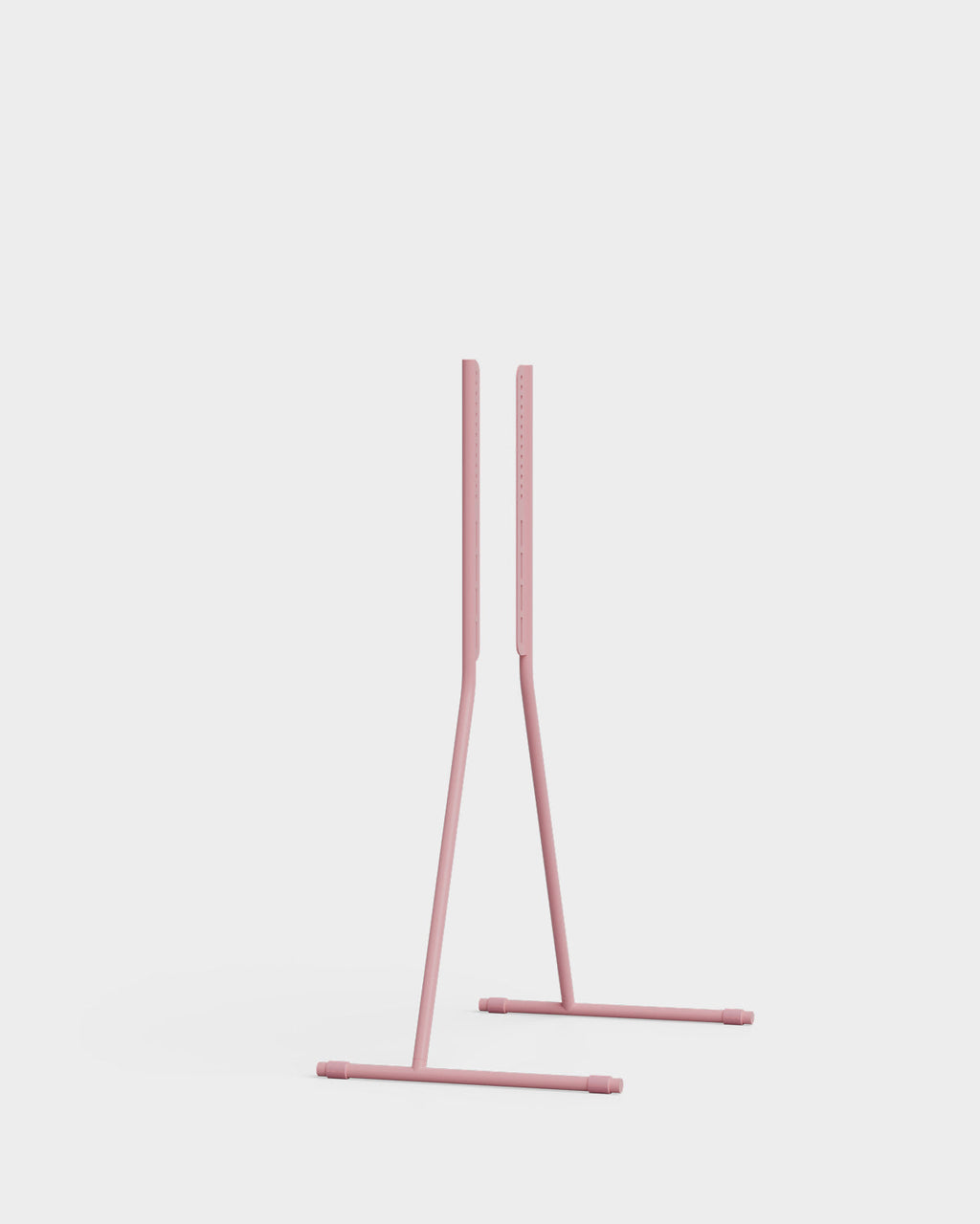 Viva TV stand in Bubble Gum pink holding a large flat-screen TV, angled studio packshot on light grey background