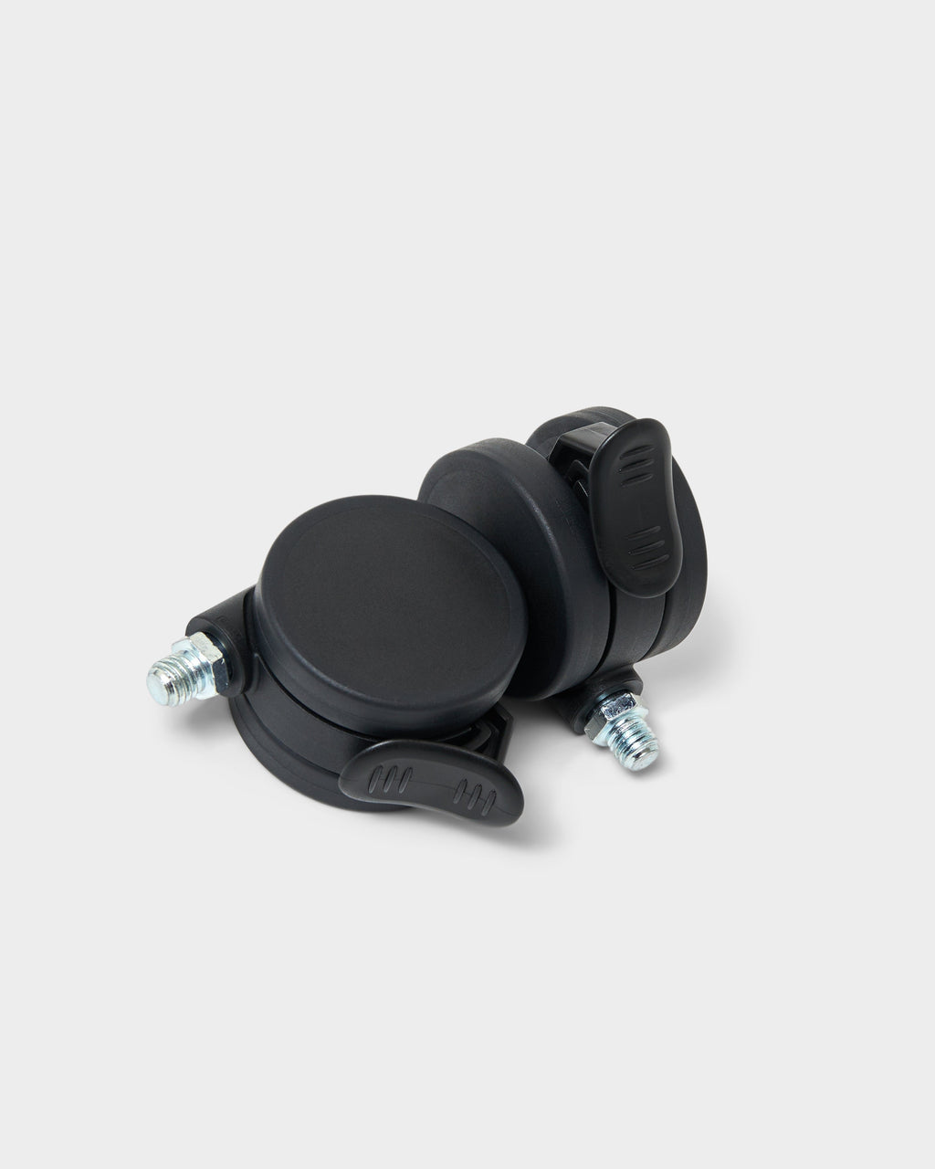 Two charcoal Wheels with Brakes casters shown at an angle in a studio packshot, threaded steel stems and brake levers visible