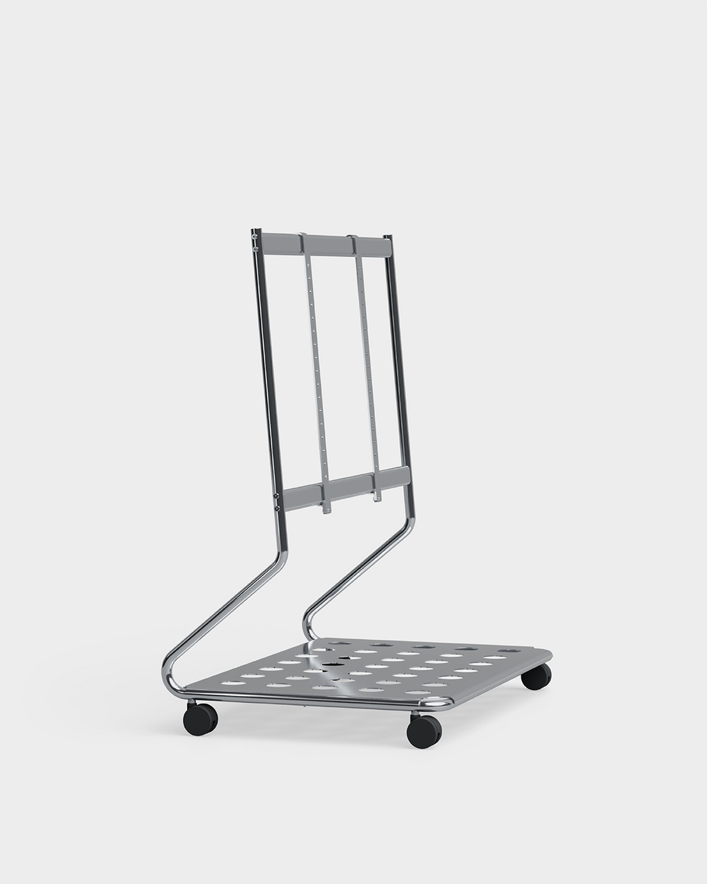 Disco stand in Chrome holding a flat-screen TV, angled studio view showing perforated base and black caster wheels