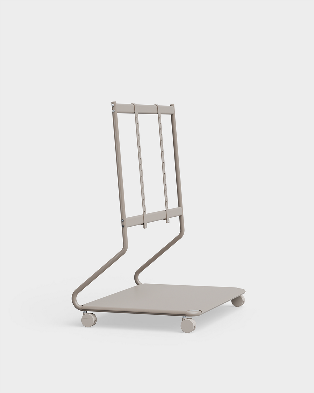 Disco rolling TV stand in Oat shown at an angle in a studio packshot with mounted flat-screen, low shelf and casters