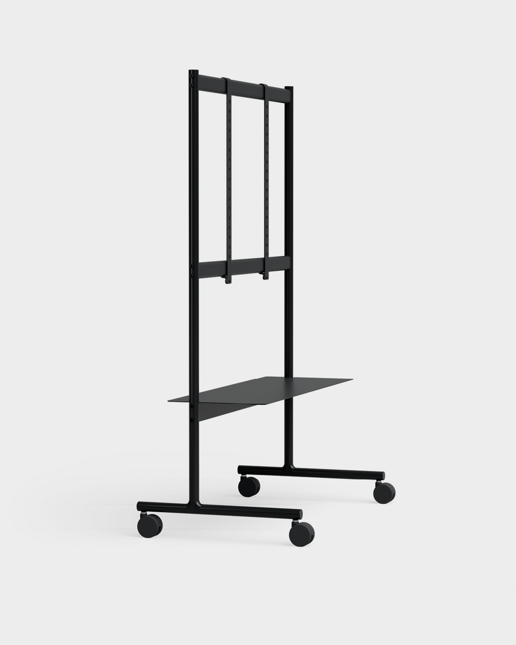 Rover charcoal rolling TV stand with mounted flat-screen, shelf and locking casters, angled studio view on grey backdrop