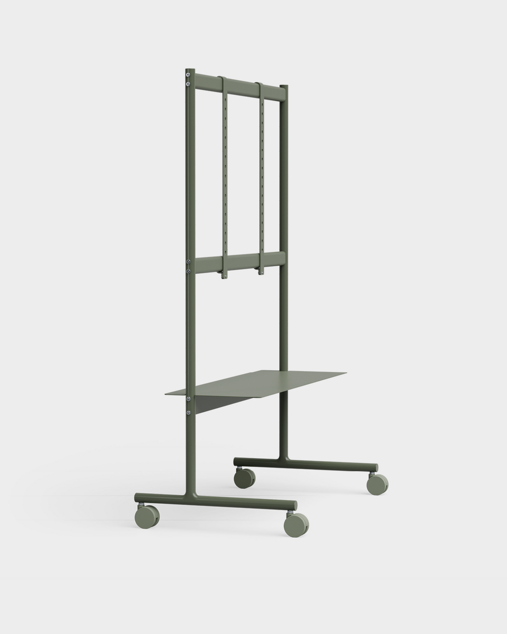 Rover mobile TV stand in Mossy Green shown at an angle in studio, holding a large flat screen above a shelf and casters