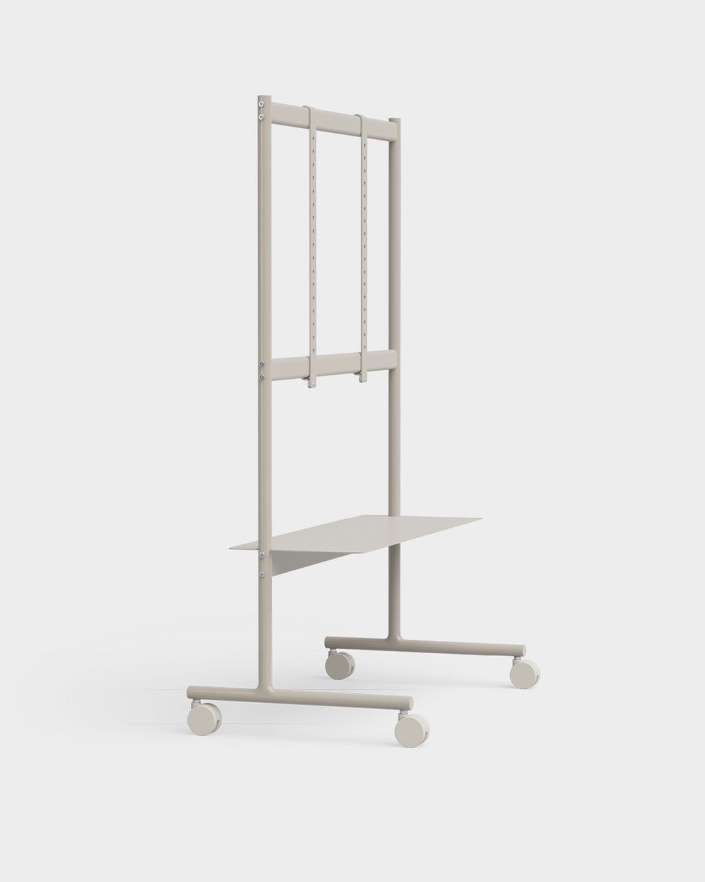 Rover TV stand in Oat shown at an angle in a studio packshot with mounted flat-screen TV, shelf and rolling wheels