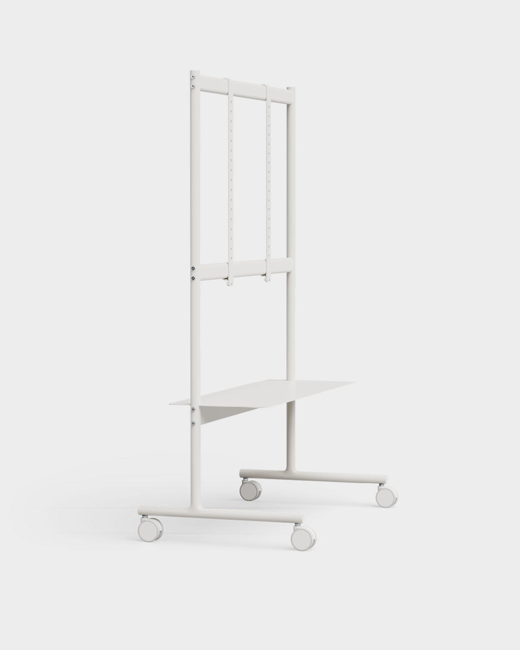 Rover TV stand in Pearl shown at an angle in studio, holding a large flat-screen TV above a shelf on lockable wheels