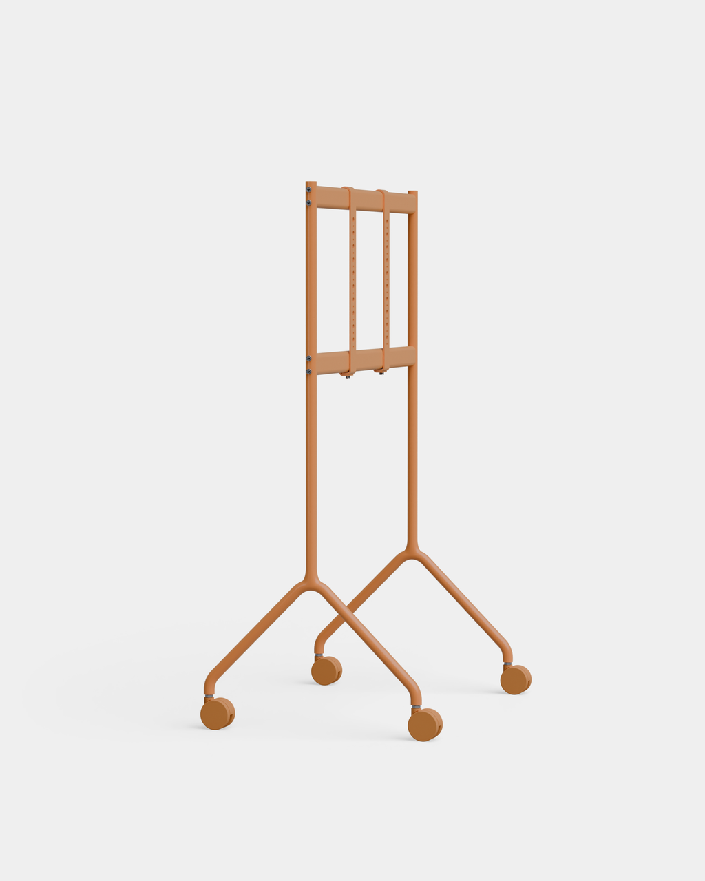 Moon Light TV stand in Apricot, three-quarter studio view with black panel on slim wheeled legs