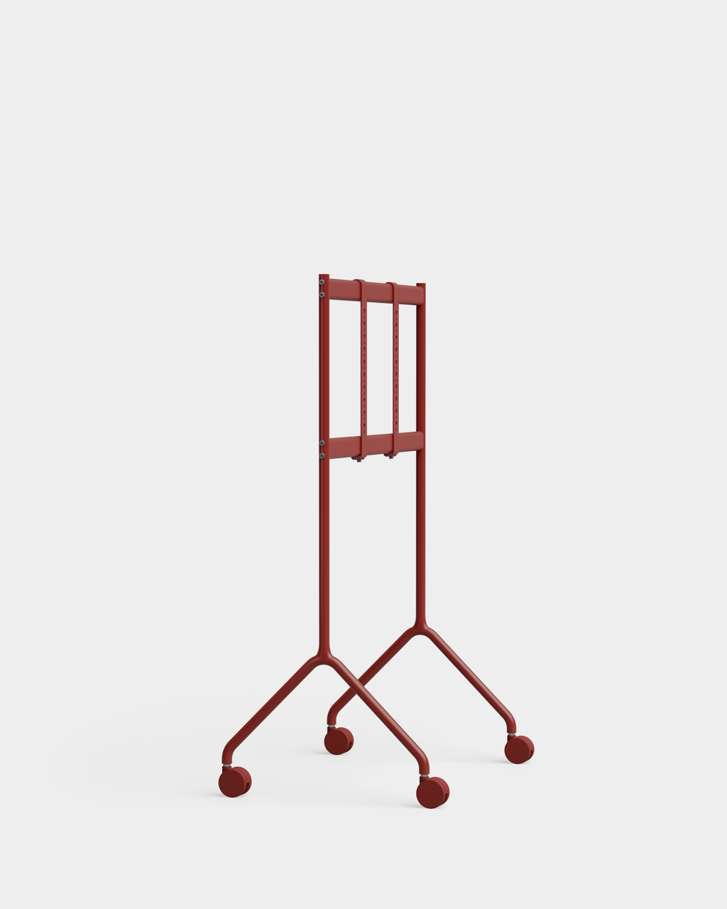 Moon Light TV stand in Burnin' Red shown at an angle in a studio, with mounted screen, V-shaped legs and casters