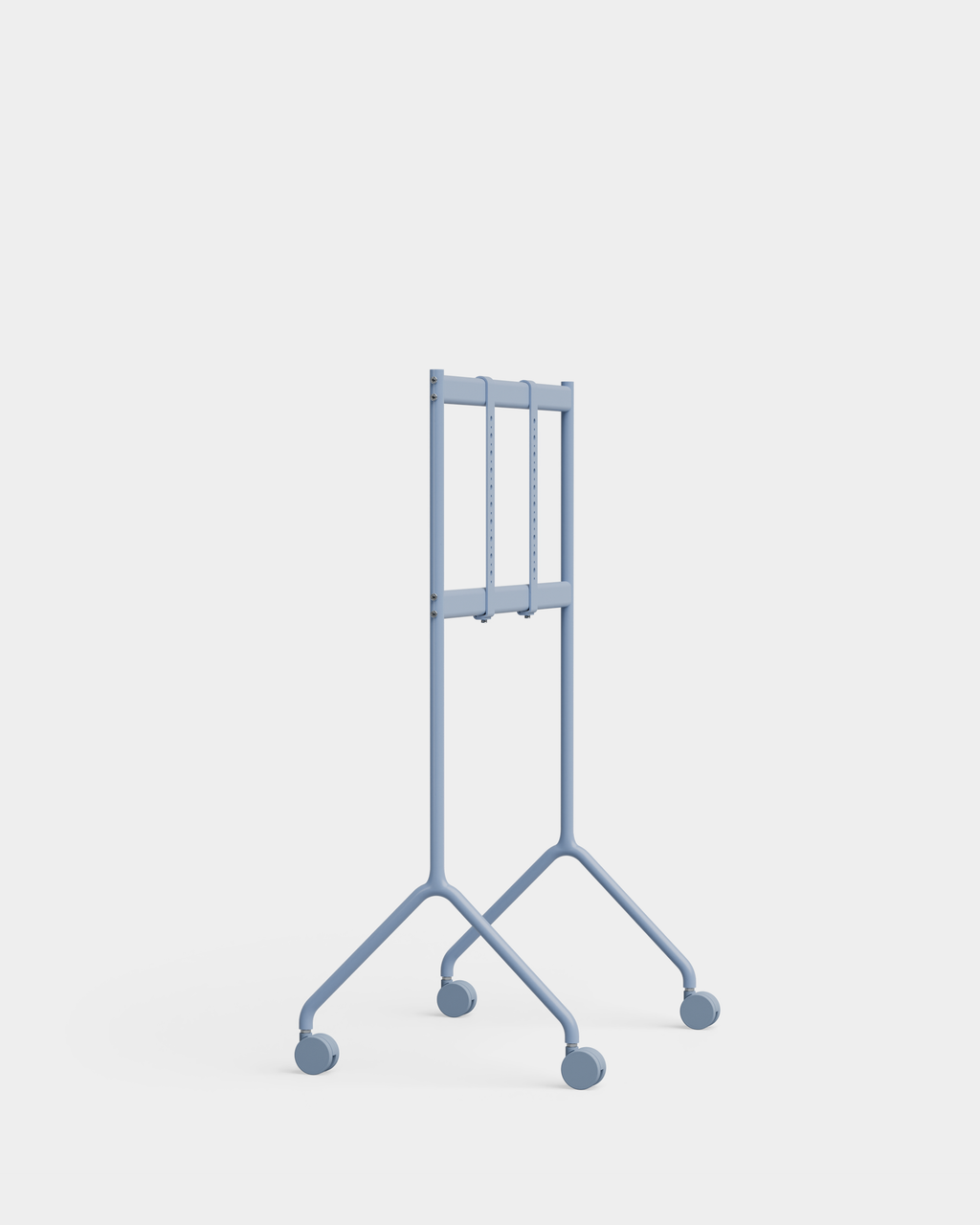 Moon Light TV stand in Powder Blue, angled studio view with mounted black display and splayed legs on casters