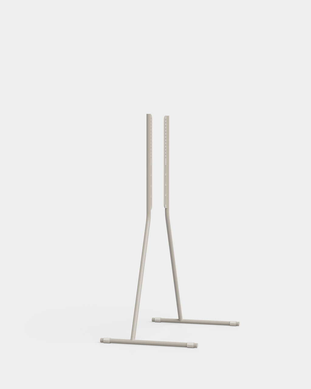 Viva TV stand in Oat holding a large flat-screen TV, angled studio packshot showing slim splayed legs